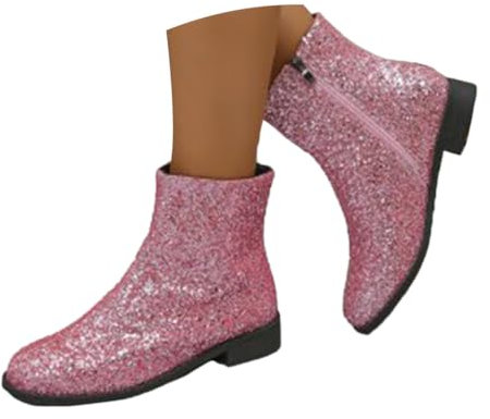 shownicer Stivali con Paillettes Donna Eleganti Tacco Medio Grosso Glitter Paillettes Stivaletti Corti con Cerniera Laterale B Rosa 36