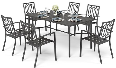 PHI VILLA Metal Garden Table and Chairs Set 6 Patio Furniture Rustproof | E-coating Steel Frame, Ergonomic Space-Saving Stackable Garden Dining Sets, 6 Seater, Bistro Outdoor Use