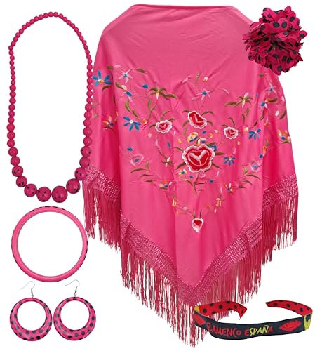 Mantón de Manila con Accesorios (Fucsia Flor)
