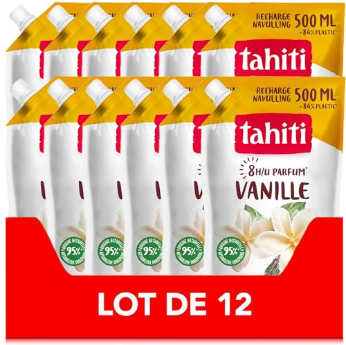 Tahiti, Recharge Gel Douche Vanille Gourmande, Lot de 12 x 500 ml | Recharge économique de crème de douche, Parfum intense amande et vanille 8h, Formule douce à 95% d'origine naturelle