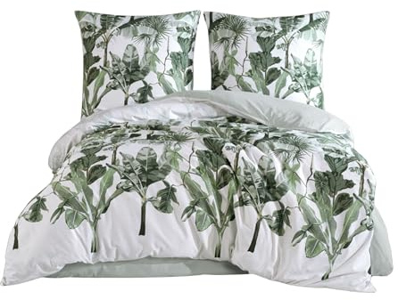 ZIRVEHOME Bettwäsche-Set 135x200 cm zweiteilig weiß Bettbezug grün Tropical Blattmuster, VersyV1