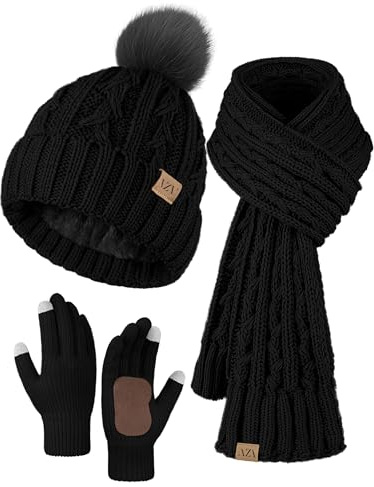 VZV Damen 3-teiliges Winter-Set: Touchscreen Handschuhe, warme Strickmützen mit Bommel und Langer Fleece-Schal - gefüttert, Winddicht, griffig - Geschenk für Frauen​ (Schwarz, Einheitsgröße)