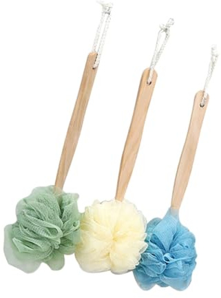 BELLIFFY 3 Stück Badebälle Mit Langem Holzgriff Mesh Dusche Körperreiniger Sanft Peelend Mit Aufhängeschlaufe Für Rücken Und Ganzkörperreinigung