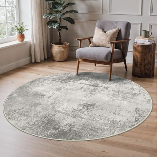 BEIMO Rund Waschbarer Teppich Wohnzimmer, Abstrakt Design Teppich Schlafzimmer 135CM Kurzflor Rugs for Living Room, Runder Teppiche rutschfest Weiche für Badezimmer Esszimmer,Grau-braunton