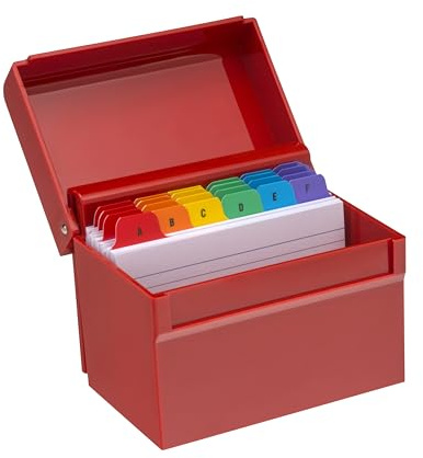 Osco Medium Red Hi-Gloss Plastic Index Box, A to Z Divider Tabs, 100 Lined Revision Cards, Ruled Flash, Recipe Notes, Office Contacts Filing, Holds 6 × 4 card (148 × 105 mm)