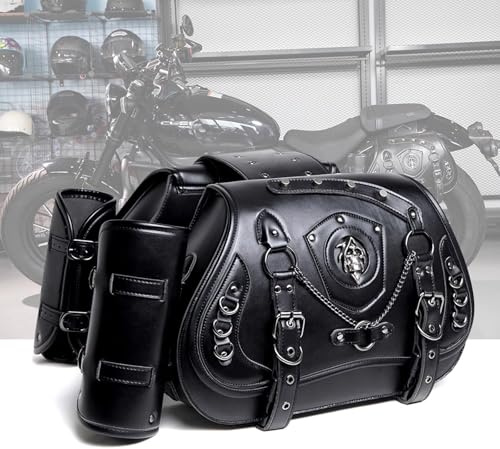 Vintage Borsa da Sella Moto in Pelle PU, 30L Grande Capacità Bauletto Moto Impermeabile con Porta Tazza e Design Teschio, Borse Laterali Motociclo, 1 Coppia(B)