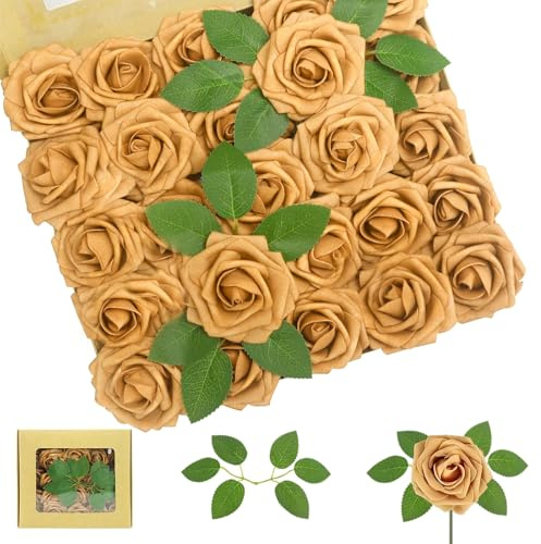 DabbOo 25 Künstliche Gold Rosen Hochzeit Deko Heimdekor Mit Gratis Blättern 7.5 cm Blütendurchmesser 20 cm Stiellänge Für Tischdeko Party Brautstrauß Blumenarrangement