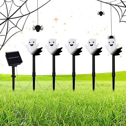 Njidher Halloween-Erdspieß für Garten, 5 Stück, Solar-Pfahl-, Dekoration für den Außenbereich, Geisterbeleuchtung, für Allee, Garten, Friedhof – Terrasse, Rasen, Weg