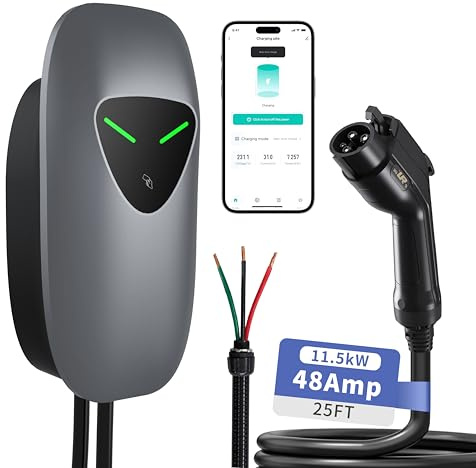 Level 2 EV Charger 48Amp,Hardwired EV Charger with 25ft Cable,WiFi APP RFID Card,240V J1772 Electric Vehicle Charging Stations,11.5kW Wall Electric Car Chargers for Home,Outdoor,Indoor(Grey)