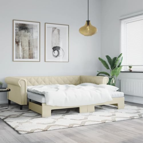 QJBSAVVA Ausziehbares Tagesbett Creme 90x200 cm Kunstleder, 2-in-1 Schlafsofa mit 2 Schaumstoffmatratzen, platzsparendes Doppelbett für Gäste, Jugendzimmer & Wohnzimmer, 235x100x68 cm