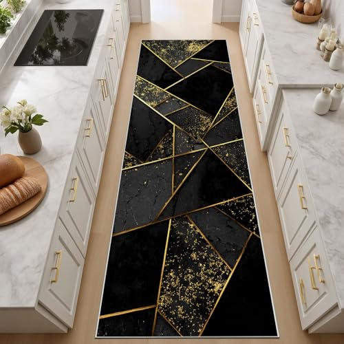 Luxuriöse Geometrie Linien Aus Blattgold Waschbarer Läufer Teppich Flur 60x120 cm Bettvorleger Wohnzimmer Schlafzimmer, Geometrie Muster Schwarz Gold Teppiche Rutschfest Flurläufer Teppichläufer
