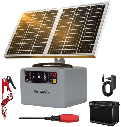 48KM Solar Weidezaungerät, Elektrischer Weidezaun mit 0,3 J–1,5 J, 6 KV–12 KV Einstellbares, schlagstarkes Elektrozaungerät mit 15W-Solarpanel, Integrierter 12V 7Ah Blei-Säure-Batterie für Bauernhöfe