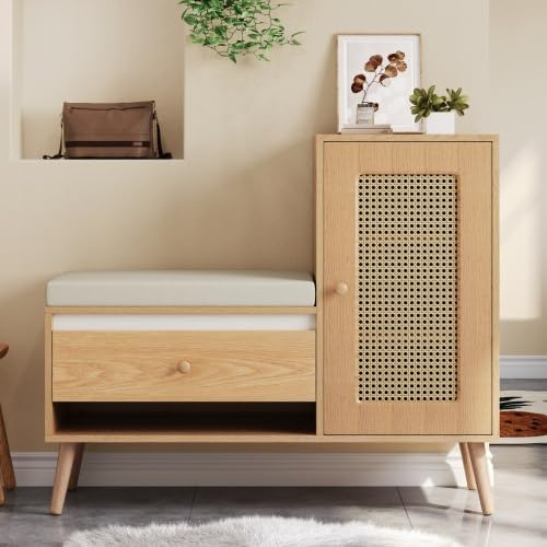 Merax Schuhschrank mit Rattan-Optik und Sitzbank – Multifunktionale Garderobenbank mit Schubladen & offenen Fächern, B95,5×T35×H80,5 cm