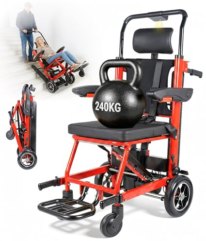 240KG Elektrischer Treppensteiger Rollstuhl Faltbar mit Gummikette, Elektrischer Kletternder Rollstuhl mit LED & Vierpunktgurt, Rettungstrage Treppenlift Medizinische Rettungstrage für Senioren (Rot)