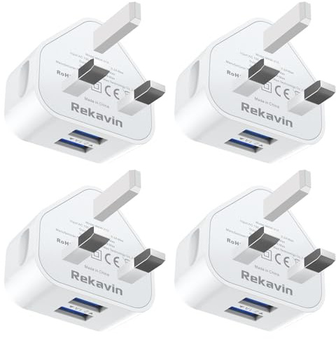 USB Plug,4Pack Dual USB Charger Plugs Adaptor UK 10.5W Phone Plugs with USB Port Double Compact 3 Pin Mains Charge Head 5V 2.1AMP Charging Compatible with iPhone 13 12 11 SE XS XR X 8 7 6 5,iPad