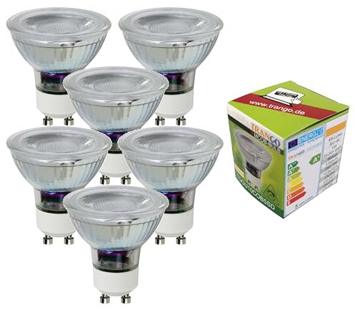 Trango 6er Pack GU10COBSD*6 GU10 LED Leuchtmittel 5 Watt 3-Stufen dimmbar 3000K warmweiß zum Austauschen Halogen Leuchtmittel, für Einbauleuchten, Deckenstrahler, Einbaustrahler, Deckenleuchte, Spots