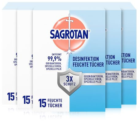 Sagrotan Feuchte Tücher zur Desinfektion – In praktischer Reisegröße für die schnelle hygienische Reinigung unterwegs – 5 x 15 Feuchttücher, einzeln verpackt