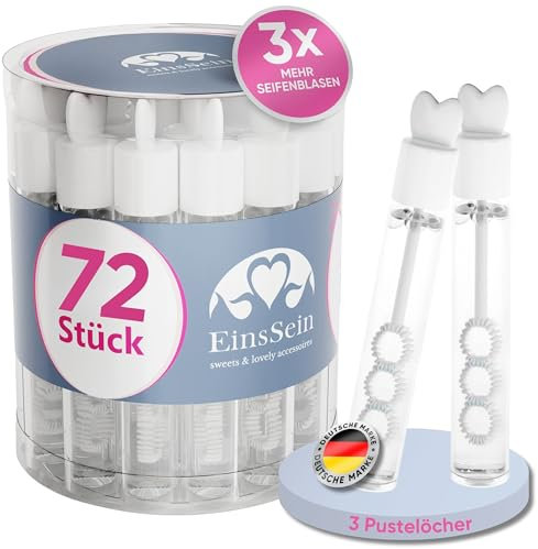 EinsSein Seifenblasen Hochzeit Lovegläschen Set weiß 72 Stück | Gastgeschenke für die Hochzeit Taufe Geburtstag Verlobung | Keine Flecken auf Kleidung | Mini Hochzeitsseifenblasen Herz Herzgriff mit