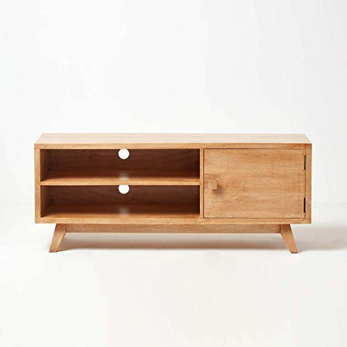 HOMESCAPES Retro Style Plasma TV Stand with Shelf 100% Solid Oak Shade Mango Hardwood (No Veneer)