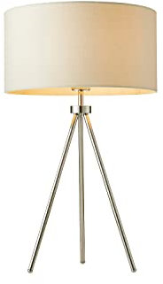 Quatro Modern Silver Chrome Tripod Switched Table Desk Lamp with an Ivory Fabric Cylinder Light Shade