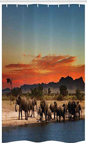ABAKUHAUS Elefant Schmaler Duschvorhang, Safari Wildlife, Badezimmer Deko Set aus Stoff mit Haken, 120 x 180 cm, Orange und Braun