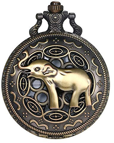 JewelryWe Taschenuhr Retro 3D Elefant Hohle Openwork Quarz Analog Uhr mit Kette Halskette Bronze Geschenk für Herren Damen