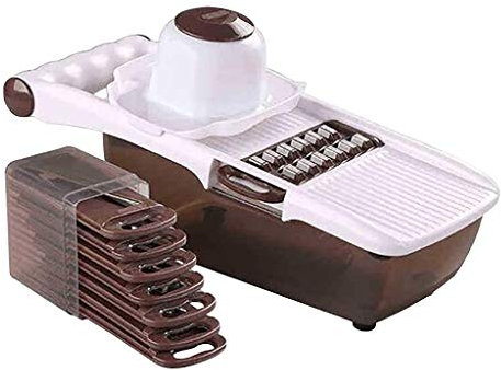 Multifonctions 8 en 1 Mandoline Kitchen, Professionnelle Coupe Legumes,Interchangeables Acier Inoxydable Trancheuse avec Récipient, Eplucheur, Protège Mains, Râpe, Rapide et Facile à Nettoyer (marron)