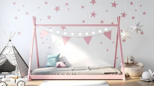 WFL GROUP Letto Tenda Tipi Letto singolo in solido legno 3 misure 90x190 80x180 80x160 - Letto a Capanna Montessori per Bambini - Per Bambini e Bambine - Legno di Pino Naturale - 190x90 - Rosa