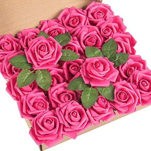 DuHouse 25 rose artificiali con steli Finti fiori di rosa in schiuma per il bouquet di nozze fai da te baby shower centrotavola composizione floreale casa decorazione (rosa brillante)