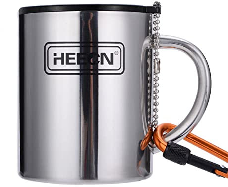 HEECN® Camping Becher Mit Deckel und Karabiner - Edelstahl Tasse - Thermo - Kaffeebecher - Doppelwandige Isolierbecher BPA-frei HESS-038BBK (330 ml mit versiegeltem Trinkdeckel)