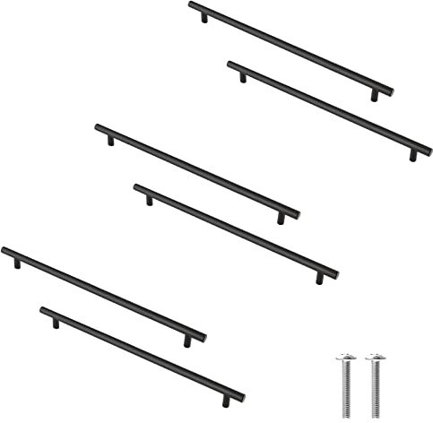 Cjueiom 6 Pack Matt Black Cupboard Handles 192mm Hole Center T Bar Handles, Stainless Steel Drawer Long Wardrobe Door Pulls, 300mm Length Kitchen Cabinet Bedroom Drawer