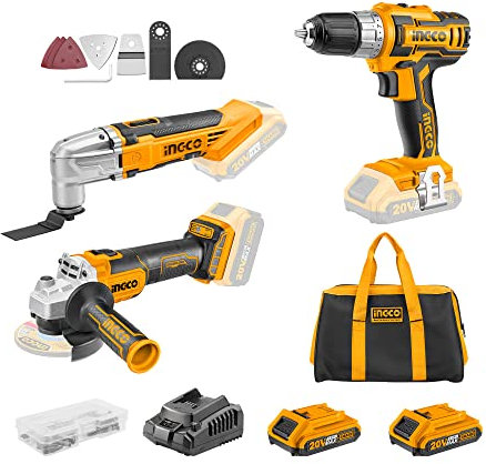 INGCO 20V Kit Inalámbrico 45NM Taladro Atornillador,115mm Amoladora de ángulo y Multiherramienta con 2x 2.0Ah Bateria CDLI2002+CAGLI201158+CMLI2001