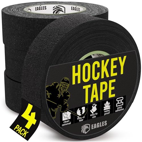 EAGLES 4 Pack Hockey Tape Black, White or Clear Multipurpose Durable Cloth or PVC Tape Roll - Strong Adhesive - Hokey Sports Gifts, Accessories, Equipment, Gear Latex-Free Hypoallergenic