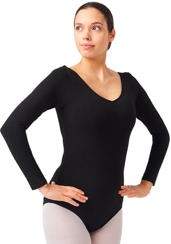 tanzmuster Ballett Trikot Damen Langarm - Isabelle - Baumwolle - Bustier - geraffter Ausschnitt - schwarz Größe 36 - schwarzer Tanz Body - Ballettkleidung für Erwachsene