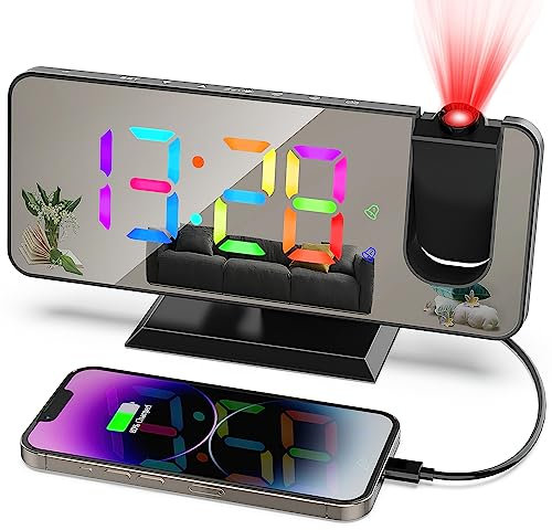 zerotop Projection Alarm Clock Digital Clock with 180° Projector, 7.4 LED RGB Color Mirror Display, 5-Level Brightness Dimmer, USB Charger, Snooze,12/24H, Digital Alarm Clock for Bedroom Bedside