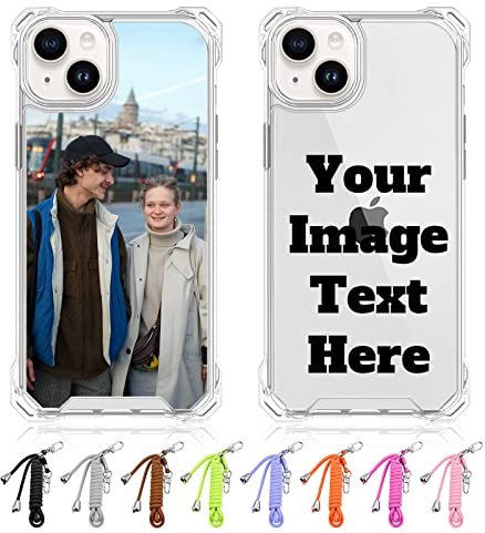 AnNengJing Personalised Custom Photo Phone cases for iPhone 14 Plus 6.7 Hard Square TPU Protective Back Cover with Crossbody Shoulder Neck Lanyard Strap -Make Your Own Cases(Clear)