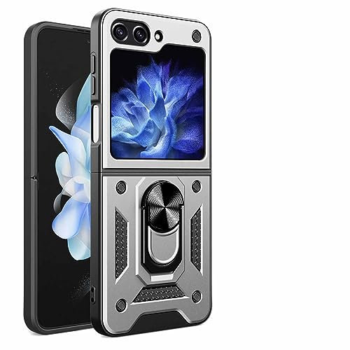 HAOYE Case for Samsung Galaxy Z Flip 5 (Z Flip5) 5G, Shockproof Cover with Ring Holder Kickstand and Sliding Camera Cover, Double Layer Silicone TPU + Hard PC Case. Silver