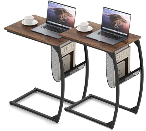 COSTWAY Beistelltisch Holz Metall mit Seitentasche, Laptoptisch C-förmig Sofatisch, Kaffeetisch Industrie-Design, Betttisch für Sofa, Bett, Wohnzimmer, Schlafzimmer 51 x 35 x 64cm (2)