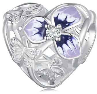 Ciondoli a cuore per bracciali Pandora,Ciondoli in argento sterlin con fiori di viola del pensiero e perline,gioielli di Natale,regalo per donne amiche