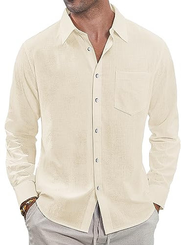 J.VER Leinen Hemd Herren Langarm Leinenhemd Männer Sommerhemd Herren Freizeithemd,Beige,XXL