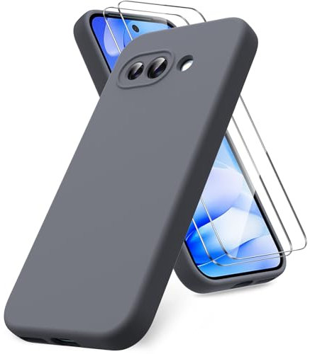 Vansdon Funda Compatible con Google Pixel 9a, 2 Unidades Protector Pantalla Cristal Templado, Silicona Líquida Gel Ultra Suave Funda- Gris Oscuro