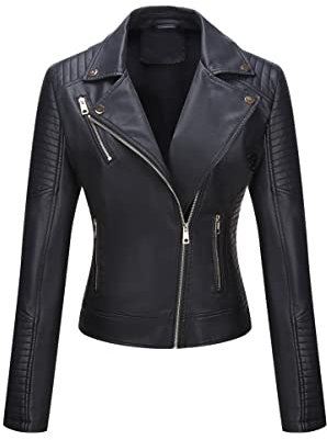 Geschallino Damen Kunstlederjacke Große Größen Kurze PU Moto Bikerjacke Übergangsjacke 53PLUS Schwarz XXL