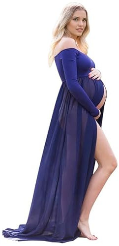 LAEMILIA Robe Grossesse Shooting Photo Vêtement de Maternité Photographie Robe Baby Shower Femme Enceinte Manches Longues Epaule Dénudée Tenue Photoshoot Séances Photo Taille Unique