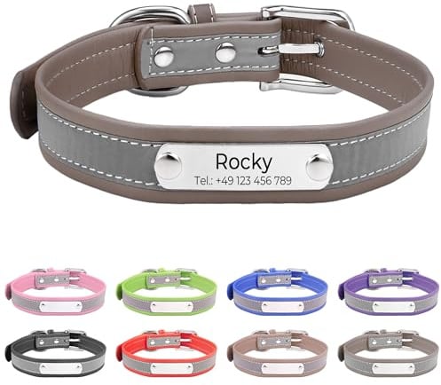 Reflektierend Halsband für Hunde aus Leder Personalisierte Hundehalsband mit Namen Gravur Dunkelblau Halsband mit Namenschild für den großen, mittleren Hund,Hundehalsbänder XL