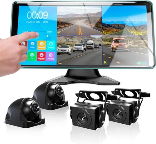 Ciascy 4K Backup Camera 4CH Dash Cam 10.36 Quad Split Touch Screen & 4 AHD Front Rear Sides View Camera w/DVR Recording Music Video Playback Avoid Blind for RV Semi Trailer Truck Van