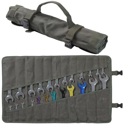Wrench Roll Up Organizer Pouch, Heavy Duty 16oz Waxed Canvas Tool Bag, 24 Pockets Tool Roll Bag with Buckle