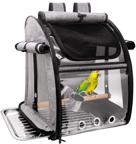 Vogeltragetasche mit Sitzstange, Vogelreiseträger Rucksack mit Edelstahlplatte und Netz, tragbarer transparenter Vogelreisekäfig mit Futterschalen für kleine Vögel Sittiche Papagei