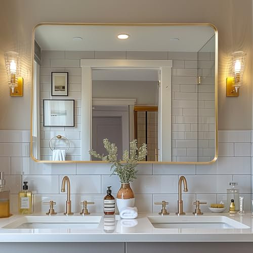 Melodieux Espejo de pared de 75 x 100 cm, dorado, rectangular, espejo decorativo para colgar en la pared, horizontal o vertical, para dormitorio, salón, pasillo