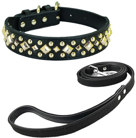 Newtensina Anti Bite Nieten Hundehalsband und Leine Welpenhalsband mit goldenem Spike für kleine Hunde große Hunde (0020) - Schwarz - M