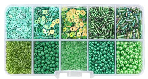 FSSTUD 80G Glass Seed Beads and Loose Sequins Kit Jewelry Making Tube Beads Small Bugle Beads Mini Round Beads Assorted Craft Beads with Storage Box Green